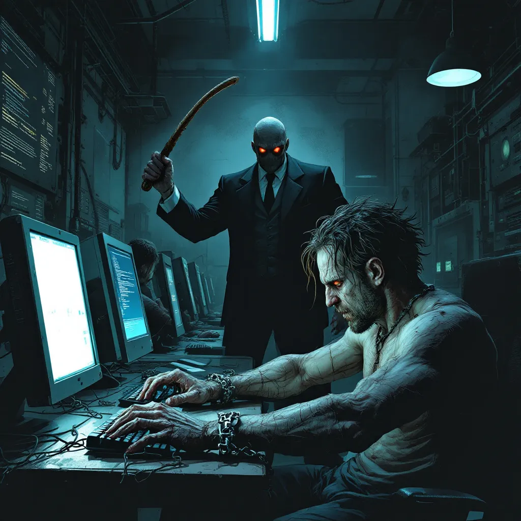 nerdy but jacked overworked software developers in dragging computers chained to them, overseer sta…