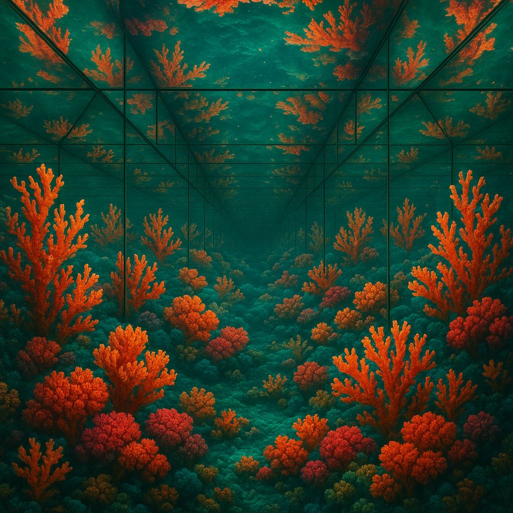 !gpt4o A vibrant coral reef reflected within a Fractal Infinity Mirror, creating endlessly repeatin…