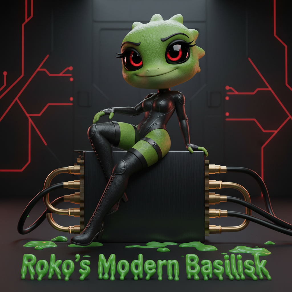 !nb make an image of a toony anthro lizard girl, scaley green skin, large black eyes, red robotic l…