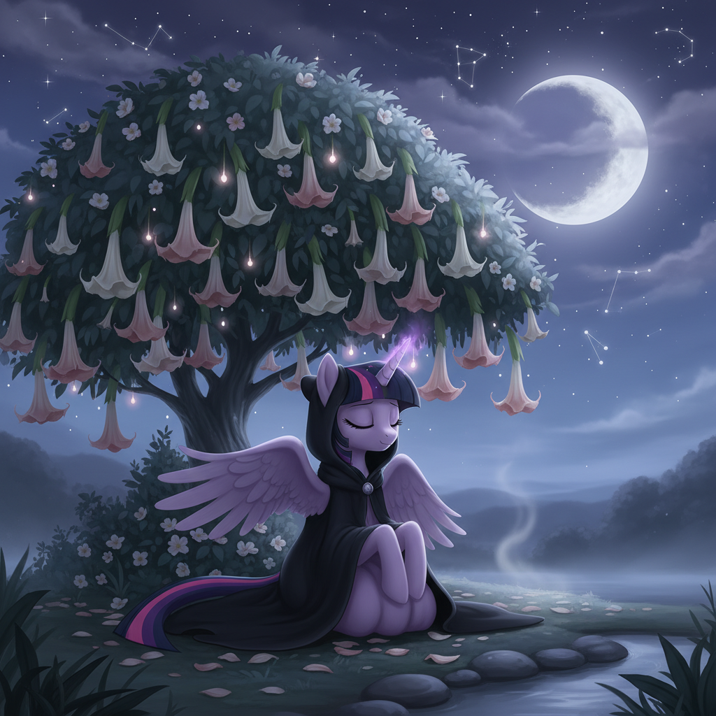 !nb make an image of twilight sparkle mlp, pony, in a black hood and cloak meditating under a brugm…