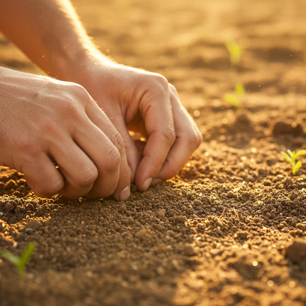 Resilient Soil:
Hands planting seeds in golden soil, cinematic warm lighting, hopeful atmosphere, h…