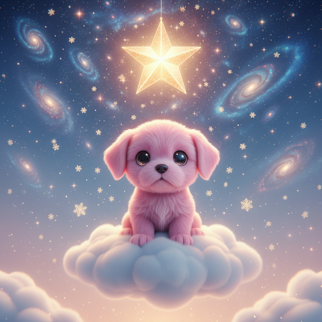 The Pink Dreamer
!nb A beautiful pink puppy sitting on a floating cloud beneath a giant golden wish…