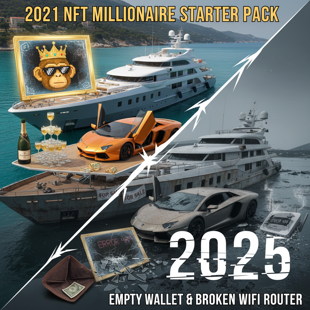 !nb “2021 NFT Millionaire Starter Pack” — yacht, monkey JPEG, Lamborghini, champagne — then instant…