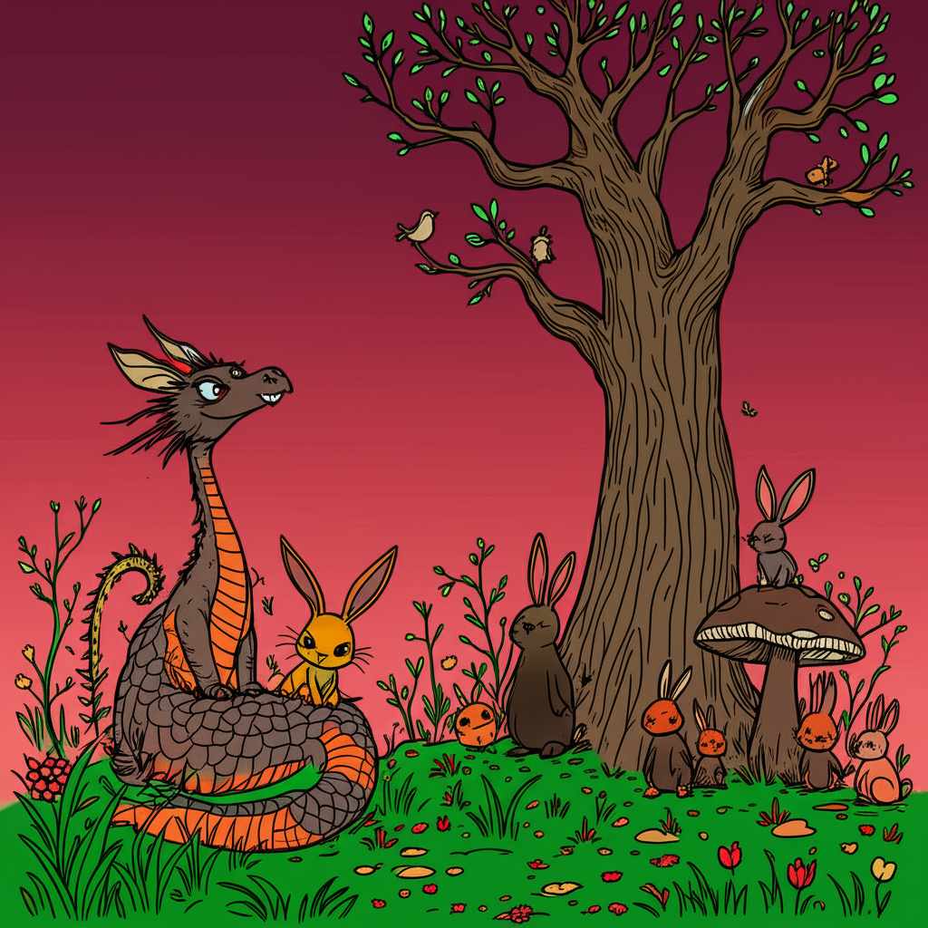 !edit colour the grass green with vibrant flowers, colour the bunnies in warm cosy colours. as a co…