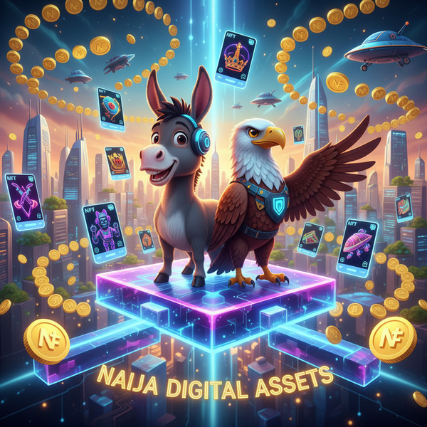 United on the Blockchain
!nb A donkey and Naija eagle standing together on a glowing blockchain pla…