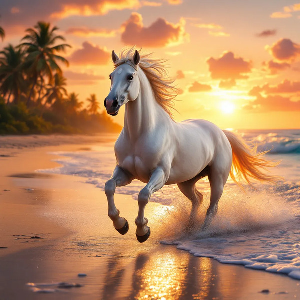 !flux11 A beautiful elegant white horse running on the beach into the sunset.