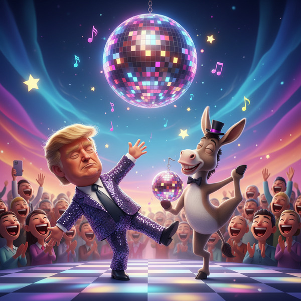 Moonwalk Championship
!nb Donald Trump attempting a dramatic moonwalk while a silly donkey effortle…