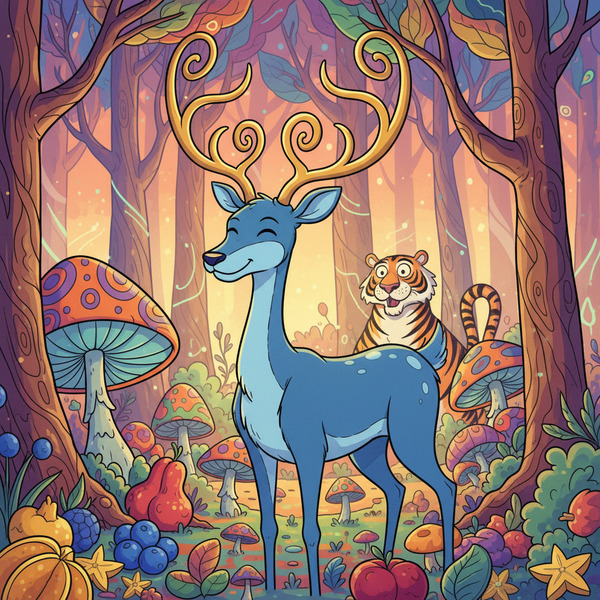 !nb draw a blue deer centaur with gold antlers and a serene smile in a bright forest scene with fru…