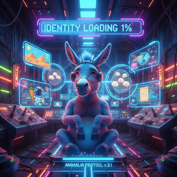 Brain Loading... 1%
!nb A donkey sitting inside a futuristic control room with a giant loading bar …