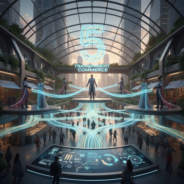 5️⃣ Transparent Commerce
A futuristic marketplace where every transaction is visible as glowing strea…