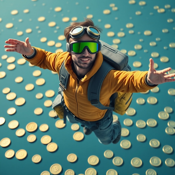 !fluxfast Sporting aviator goggles and a backpack full of coins, flying over a soft ocean of floati…