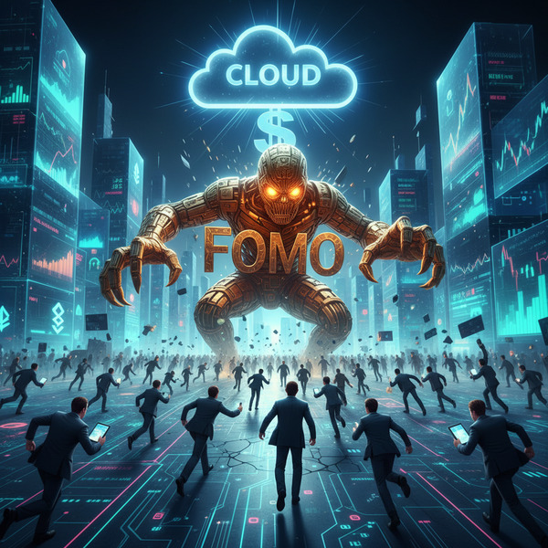 !nb Giant golden FOMO monster chasing investors through digital streets
