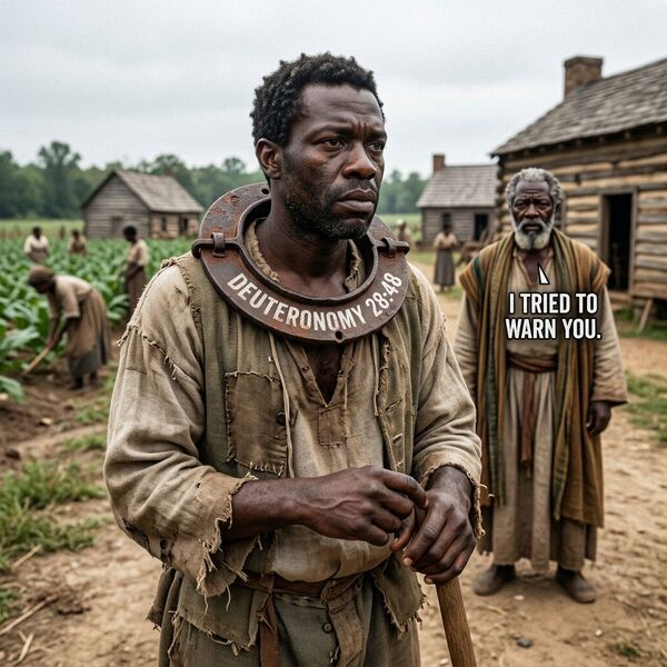 !nb black slave in 16 century America with a yoke of iron on his neck with the words and numbers De…
