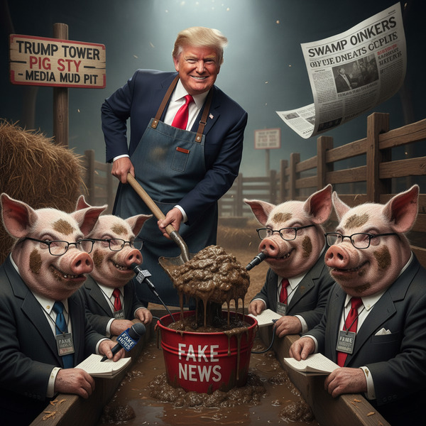 !nb i want an image of trump slopping pigs dressed up as reporters.