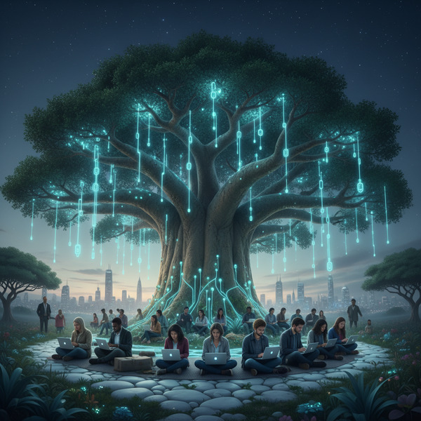 6. Digital Baobab
Massive baobab tree with glowing blockchain network lines in its branches, people…