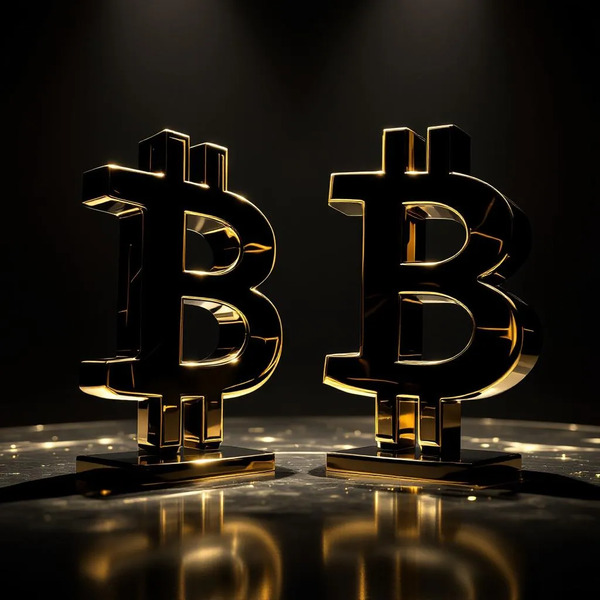 6️⃣ Ideology in Steel
Two polished steel statues shaped like abstract Bitcoin symbols facing each oth…
