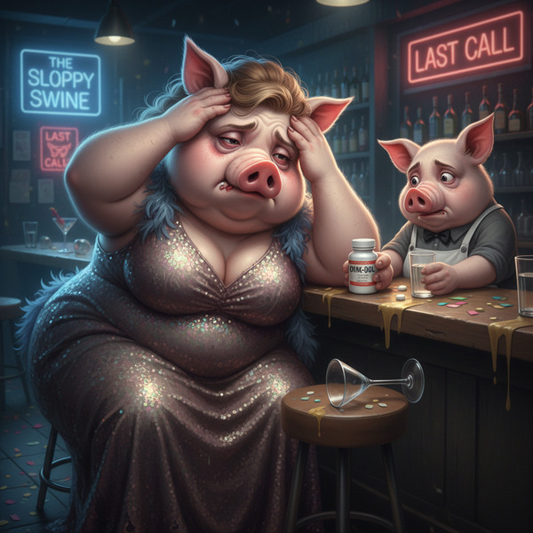 Miss Big Pig had too much to dri k mast night at the bar,now she needs an aspirin for her terrible …