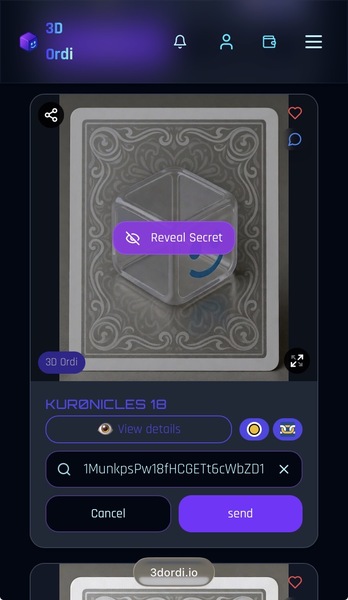 I sent it
Reveal it on the 3D Ordi platform.
https://3dordi.io/ordinal/2c86da2e7dab9b02657a9216438a…