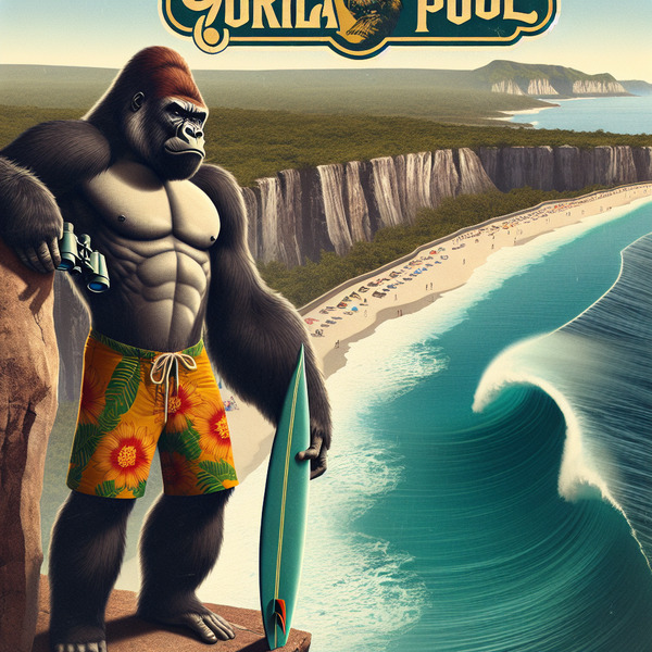 !dalle A Gorilla wearing board shorts holding a binocular in one hand a surfboard under the other a…