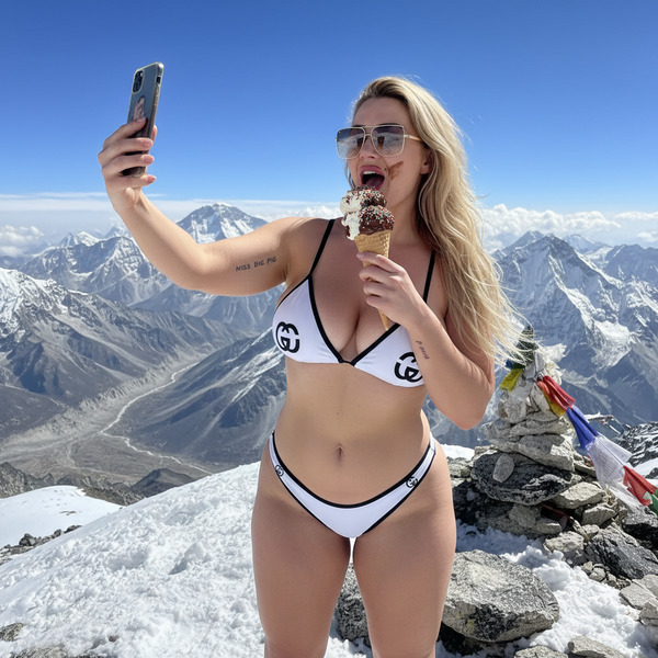 Sex goddess Miss big pig takes a selfie while eating icecream in her Gucci  Bikini on the top of mo…