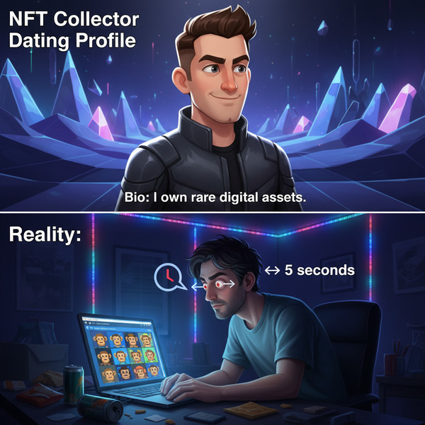 !nb “NFT Collector Dating Profile”
Bio says:
“I own rare digital assets.”
Reality:
Room lit only by…