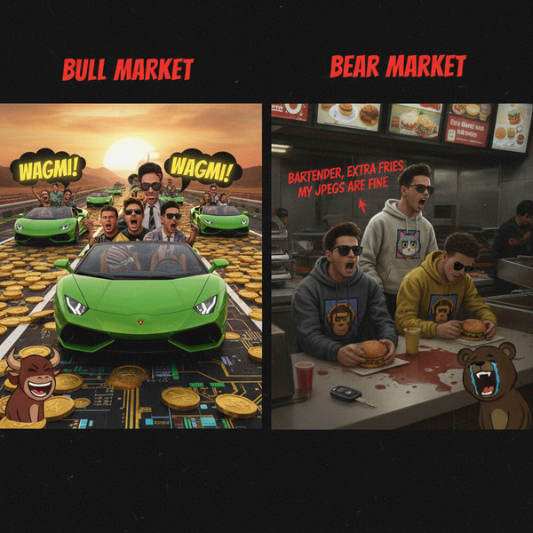 !nb “Bull Market vs Bear Market”
Split-screen meme:
Bull market → everyone in Lamborghinis yelling …