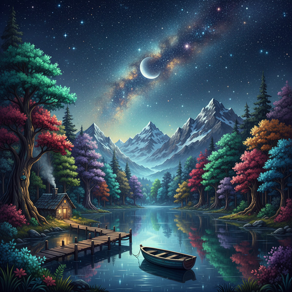 !nb stunning epic landscape illustration of a moonlit lake and mountains, a lush old growth forest …