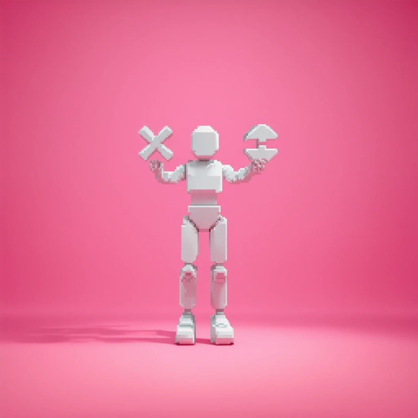 4. The Forked Path
3D pixel minimalist statue holding two floating voxel symbols, symmetrical pose,…