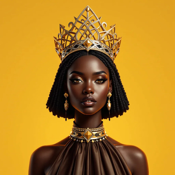 !flux11 A regal Black Queen, in 3D pixel, wearing a geometric crown fused with tribal patterns in s…