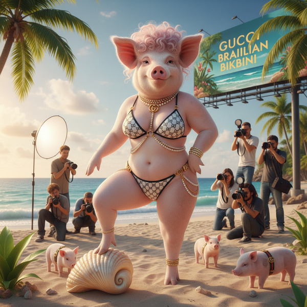 The tender Miss Big Pig modeling in a photo shoot for Gucci Brazilian Bikini.  !nb