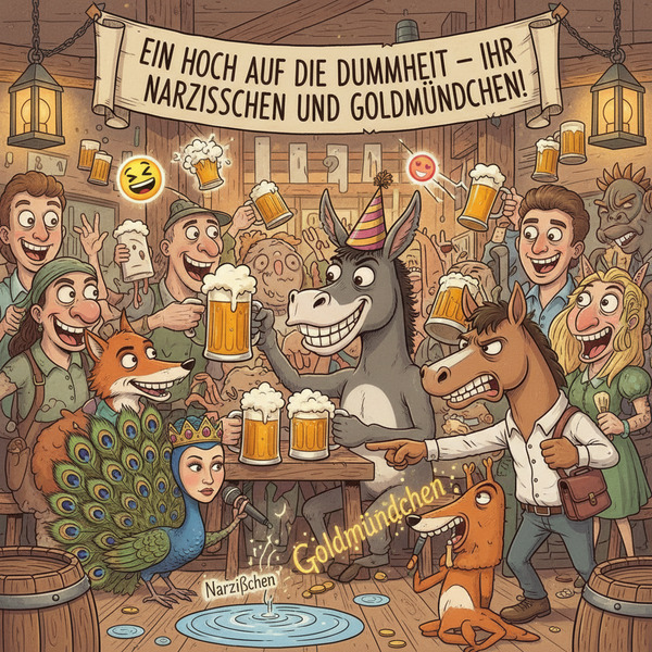 !nb "Ein Hoch auf die Dummheit – ihr Narzißchen und Goldmündchen!" 🤪🥳🫏🍻  What do you mean by that, …