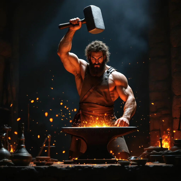 !flux epic hephaestes swinging a hammer over an anvil