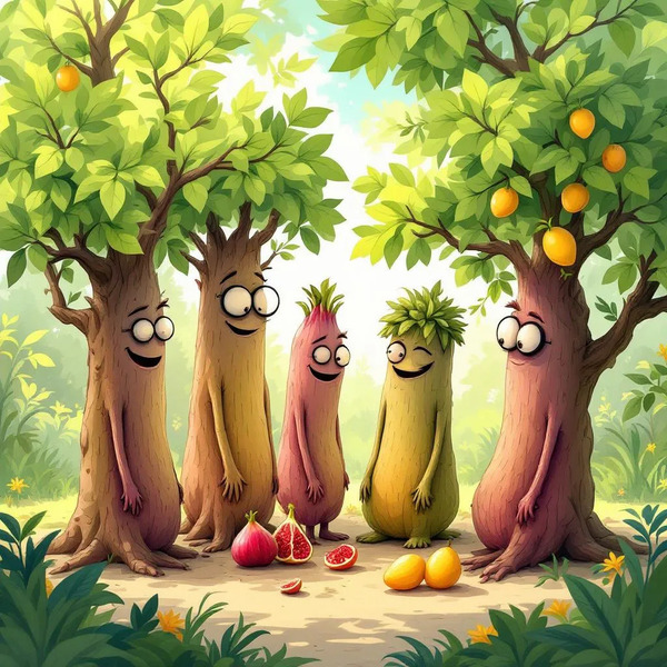 !flux Treechat: a Medlar tree, a Fig tree, 4 Pomegranate trees and 3 Mango trees are chatting.
I wo…