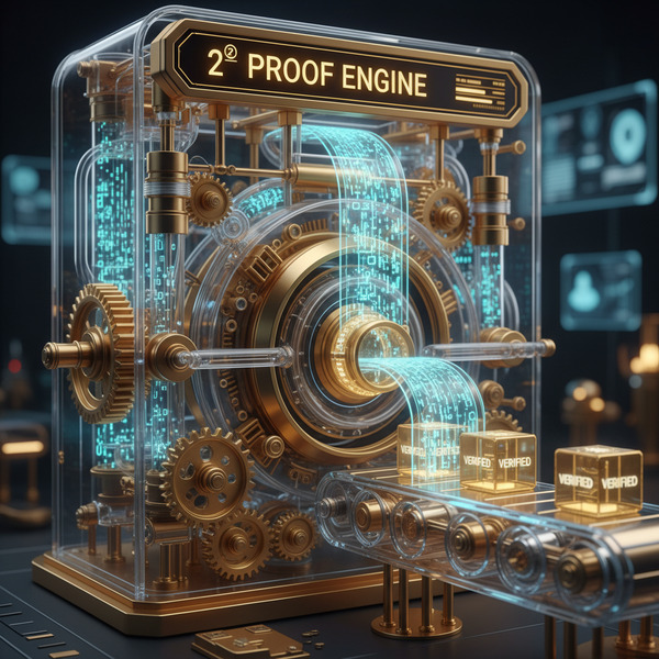 2️⃣ Proof Engine
A futuristic machine processing data into glowing verified blocks, mechanical + digi…