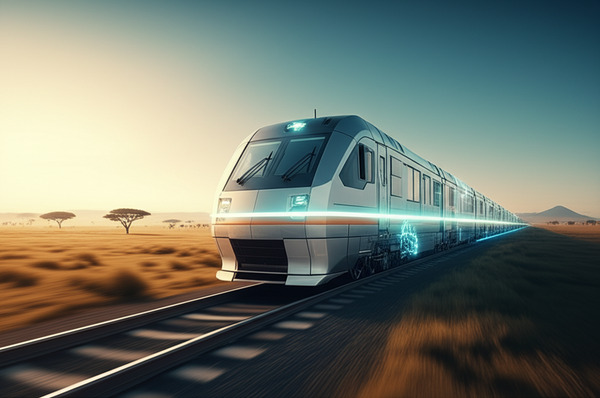 9. Bitcoin Rail
Futuristic train made of glowing blockchain blocks moving across the African landsc…
