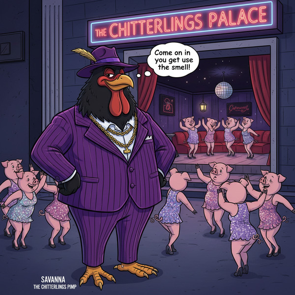 !nb a big black cartoon cock named Savanna the chitterlings pimp at a gentlemen club surrounded by …