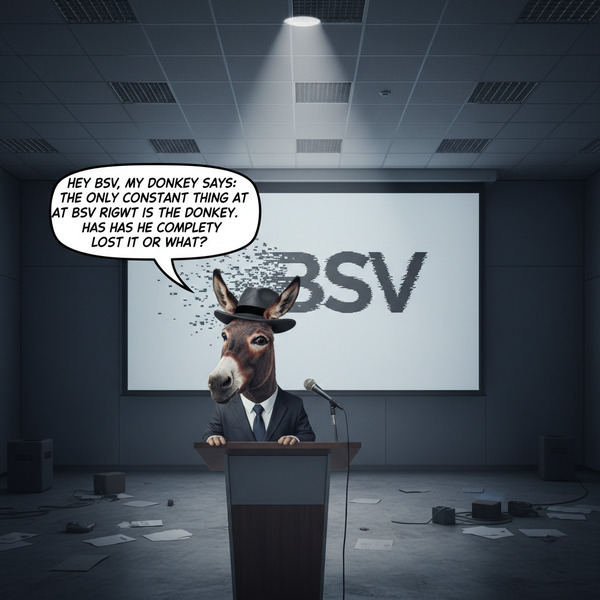 !nb Hey BSV, my Donkey says: The only constant thing at BSV right now is the donkey. Has he complet…