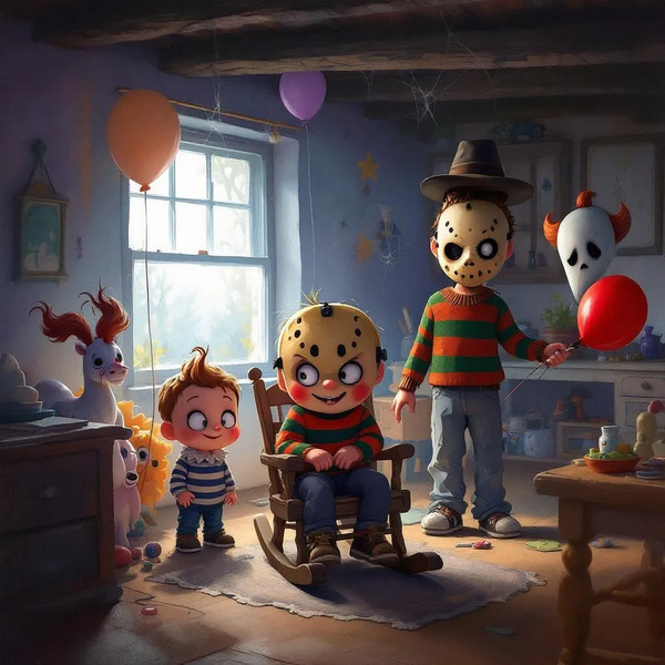 !flux A painterly oil illustration in Pixar's signature style featuring adorable chibi versions of …