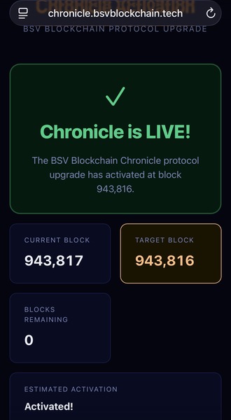 Chronicle is LIVE!
https://chronicle.bsvblockchain.tech