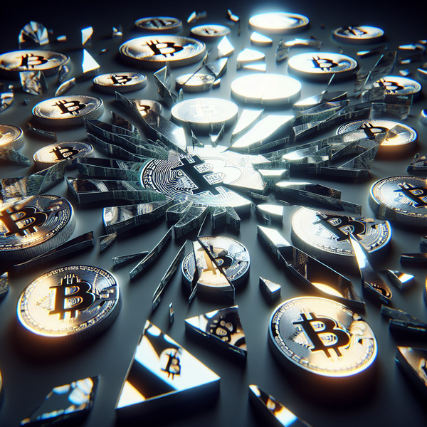 9️⃣ Fragmented Truth
A shattered glass mirror reflecting a single Bitcoin symbol differently in each …