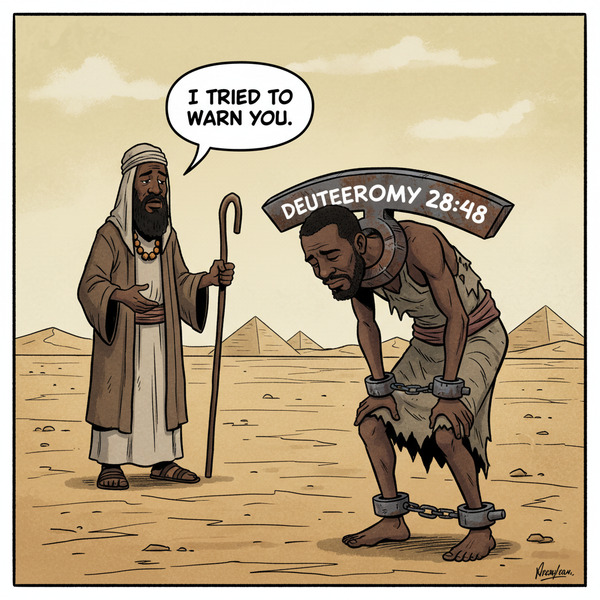 !nb cartoon of black slave with a yoke of iron on his neck with the words and numbers Deuteronomy 2…