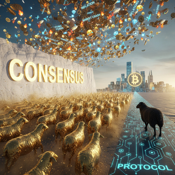 !nb 
🐑⚡🪙
A massive golden flock of sheep stampedes toward a glowing cliff labeled "CONSENSUS", whil…