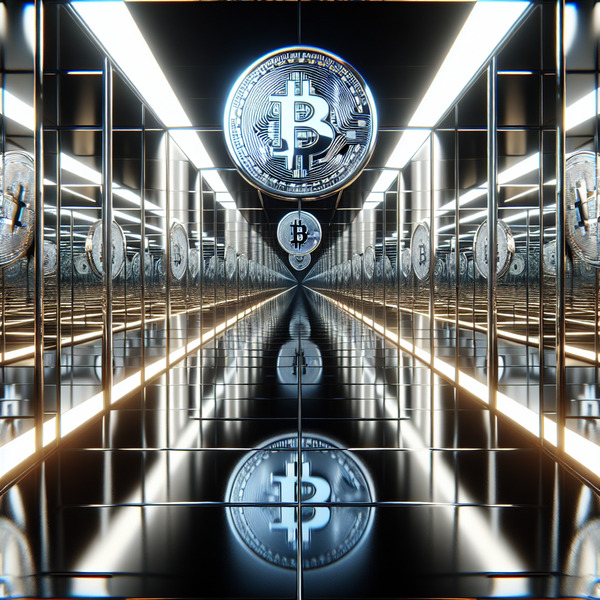 🔟 Infinite Reflection
An endless corridor of mirrors reflecting a metallic Bitcoin emblem infinitel…