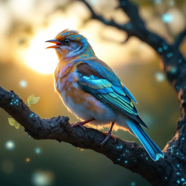 !flux11 A lark with holographic feathers and a glowing ledger scroll, perched on a blockchain tree …