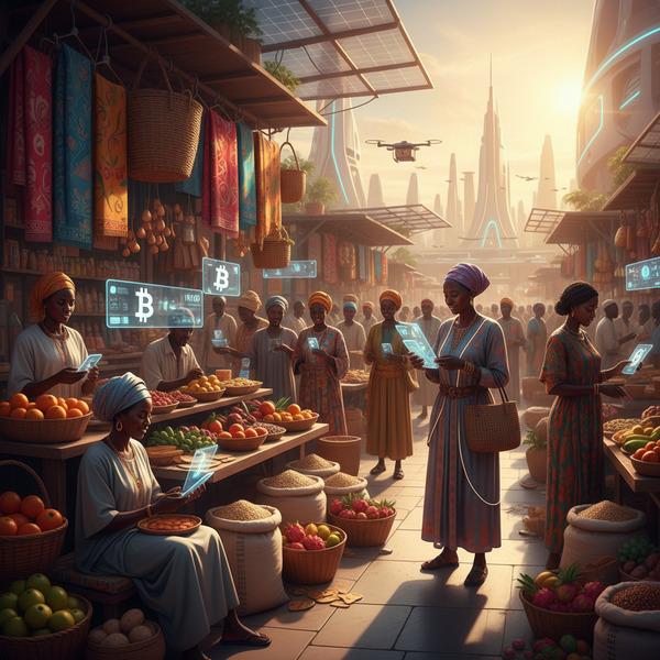 2. Market of the Future
Busy African marketplace where traders exchange goods using glowing Bitcoin…
