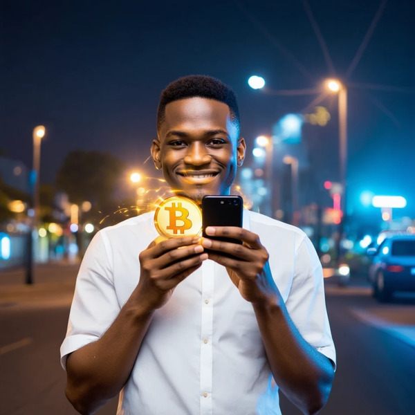 4. Freedom Wallet
Young African entrepreneur holding a smartphone wallet emitting a golden Bitcoin …