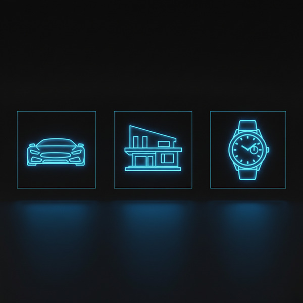 !nb Ultra-minimal futuristic Web3 icon display featuring three objects arranged horizontally in a c…