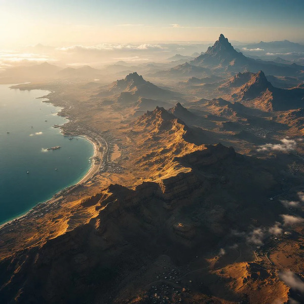 Aerial view of rugged Horn of Africa terrain forming a crown-like shape, earth tones mixed with glo…