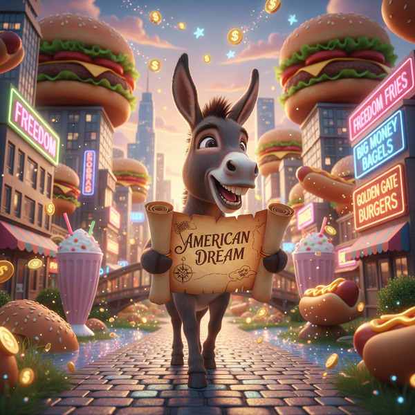 The American Dream Treasure Hunt
!nb A cheerful donkey carrying a treasure map marked "American Dre…