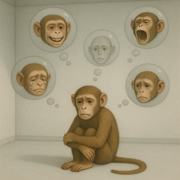 !gpt4o A [monkey] sits alone in a minimalistic room filled with floating, semi-transparent thought …